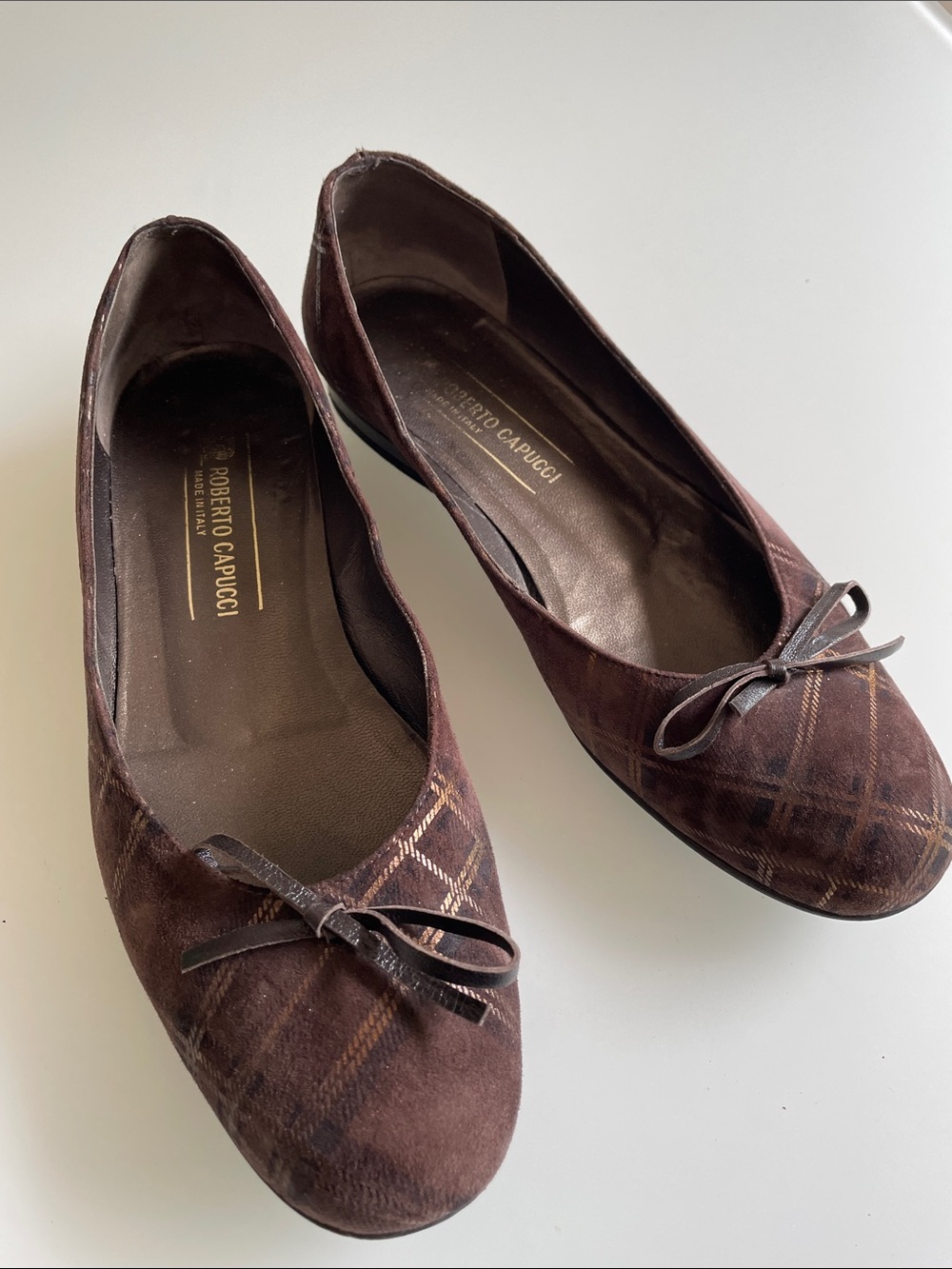 Women’s Brown Suede Plaid Ballet Flats